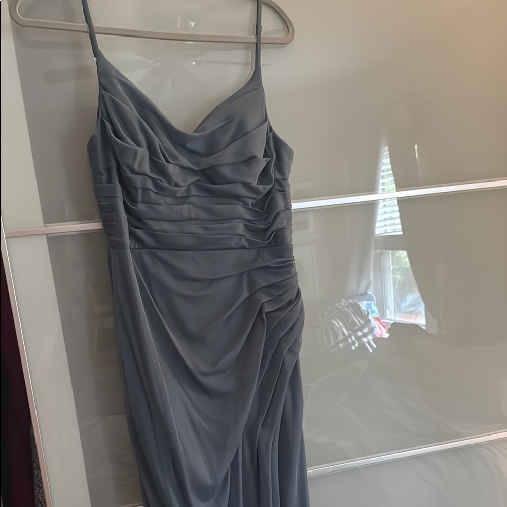 Azazie Slate Blue Asymmetrical Ruched Slip Dress